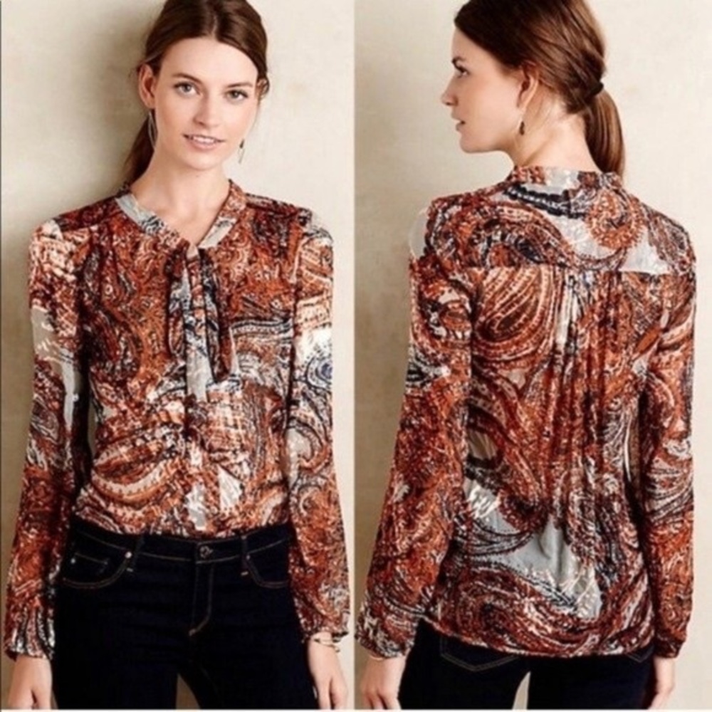 Anthro Meadow Rue Briarcliff Orange Navy Semi-Sheer Burnout Blouse Extra Small